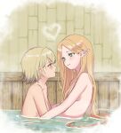  2girls blonde_hair blush closed_mouth commentary dungeon_meshi elf english_commentary falin_thorden falin_thorden_(tallman) green_eyes grey_eyes hair_behind_ear heart highres indoors light_brown_hair lividyblue long_hair marcille_donato multiple_girls nude parted_lips partially_submerged pointy_ears same-sex_bathing shared_bathing short_hair smile upper_body water yuri 