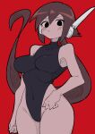  1girl absurdres aile_(mega_man_zx) bare_shoulders black_eyes black_leotard breasts brown_hair buzzlyears covered_collarbone covered_navel cowboy_shot highleg highleg_leotard highres leotard long_hair medium_breasts mega_man_(series) mega_man_zx mega_man_zx_advent ponytail red_background robot_ears simple_background solo 