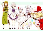  bat_wings beret blonde_hair book braid brown_eyes brown_hair closed_eyes crescent flandre_scarlet hair_ornament hair_ribbon hand_on_headwear hand_on_hip hasegawa_keita hat height_difference highres holding hong_meiling izayoi_sakuya long_hair looking_at_viewer maid mary_janes mob_cap multiple_girls one_eye_closed patchouli_knowledge purple_eyes purple_hair red_eyes remilia_scarlet ribbon shoes short_hair silver_hair simple_background smile text_focus touhou twin_braids white_background wings 