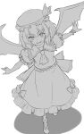  1girl ascot bat_wings bow commentary frilled_skirt frills full_body greyscale hat hat_ribbon highres kakone looking_at_viewer mob_cap monochrome one-hour_drawing_challenge open_mouth pointy_ears remilia_scarlet ribbon shirt short_hair short_sleeves simple_background skirt slit_pupils smile socks solo touhou wings wrist_cuffs 