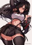  1girl abs absurdres arm_up black_hair black_sports_bra black_thighhighs blush cowboy_shot final_fantasy final_fantasy_vii final_fantasy_vii_remake highres long_hair midriff miniskirt muscular muscular_female navel parted_lips red_eyes simple_bat skirt solo sports_bra suliavtuber tank_top thighhighs tifa_lockhart white_background white_tank_top 