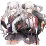  2girls black_jacket blue_eyes fate/grand_order fate_(series) flower grey_hair hair_flower hair_ornament highres id_card jacket locked_arms long_hair marie_antoinette_(alter)_(fate) marie_antoinette_(fate) multiple_girls necktie no-kan pleated_skirt red_necktie school_uniform shirt signature skirt suspender_skirt suspenders twintails white_background white_shirt yellow_eyes 