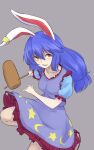  1girl animal_ears blue_dress blue_hair commentary crescent_print dress earclip frilled_dress frills grey_background highres kakone kine long_hair looking_at_viewer low_twintails mallet one-hour_drawing_challenge open_mouth rabbit_ears rabbit_girl red_eyes seiran_(touhou) short_sleeves simple_background solo star_(symbol) star_print touhou twintails 