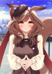  1girl absurdres alternate_costume animal_ears blurry blurry_background blush bow breasts brown_eyes brown_hair cabbie_hat commentary_request ears_through_headwear hair_bow hair_ornament hairclip hat highres horse_ears horse_girl horse_tail looking_at_viewer matikane_tannhauser_(umamusume) medium_breasts medium_hair own_hands_together petals ponta_(1859ysmssstsp) ribbon sky solo tail umamusume 