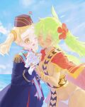  2girls ascot blonde_hair blue_sky blush cape cheek-to-cheek closed_eyes coat commentary_request dark-skinned_female dark_skin eiyuu_senki epaulettes flower gloves green_hair hair_flower hair_ornament hat heads_together hibiscus highres holding_hands jewelry kamehameha_(eiyuu_senki) long_hair medium_hair military_uniform multiple_girls necklace ocean open_mouth orokamono840741 outdoors panties perry_(eiyuu_senki) sky smile underwear uniform upper_body white_panties yellow_eyes 