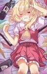  1girl ascot blonde_hair blush bottle cowboy_shot crying crying_with_eyes_open crystal_wings dress drunk flandre_scarlet hand_up highres on_bed one_eye_closed puffy_short_sleeves puffy_sleeves red_dress red_eyes short_sleeves solo taki.a01 tears touhou wine_bottle yellow_ascot 