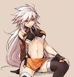  alpha-01 blazblue breasts cosplay fingerless_gloves genderswap genderswap_(mtf) gloves green_eyes heterochromia large_breasts long_hair makoto_nanaya makoto_nanaya_(cosplay) orange_skirt ragna_the_bloodedge red_eyes silver_hair sitting skirt solo thighhighs tomo_(tomorag7) underboob very_long_hair 