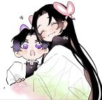  2girls animal_print black_hair bug butterfly butterfly_hair_ornament butterfly_print closed_eyes closed_mouth demon_slayer_uniform hair_ornament haori highres hug jacket japanese_clothes kimetsu_no_yaiba kochou_kanae kochou_shinobu long_hair long_sleeves looking_at_viewer multicolored_hair multiple_girls ohagi_0909 open_mouth parted_bangs purple_eyes purple_hair short_hair siblings sisters smile white_background 