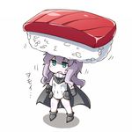  black_gloves bodysuit cape clenched_hands food gloves green_eyes jinnouchi_akira kantai_collection long_hair nigirizushi open_mouth purple_hair shinkaisei-kan solo standing sushi sweat translated white_skin wo-class_aircraft_carrier 