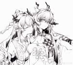  2girls absurdres arknights bare_shoulders braid chinese_commentary closed_eyes closed_mouth collarbone commentary_request crossed_bangs dragon_girl dragon_horns dress earrings greyscale hair_between_eyes hair_intakes hatching_(texture) heads_together highres horns jacket jewelry light_smile linear_hatching ling_(arknights) long_hair looking_at_another monochrome multiple_girls necklace off_shoulder open_clothes open_jacket pointy_ears revision shu_(arknights) siblings simple_background sisters smelling strapless tube_top upper_body watermark weibo_logo white_background ya17033999 