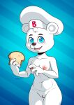 absurd_res anthro areola artidemonboy bear bimbo_(bakery) bimbo_bear blue_background blue_eyes blush blush_lines bread breasts chef_hat clothing eyelashes female food fur genitals hat headgear headwear heart_eyes heart_symbol hi_res holding_bread holding_food holding_object looking_at_viewer mammal navel nipples nude open_mouth open_smile pattern_background pink_areola pink_nipples pink_pussy pussy simple_background small_breasts smile solo striped_background thick_thighs white_body white_fur wide_hips