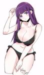  1girl alternate_costume artist_name bikini black_bikini blunt_bangs blush breasts chromatic_aberration cleavage closed_mouth commentary cowboy_shot cropped_legs english_commentary expressionless fern_(sousou_no_frieren) large_breasts long_hair looking_at_viewer navel purple_eyes purple_hair relaxjon side-tie_bikini_bottom sidelocks signature simple_background solo sousou_no_frieren standing stomach straight_hair swimsuit white_background 