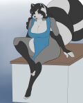 anthro big_breasts blackbetty breasts cleavage clothed clothing female franciene_(tango&#039;s_family) fur hair hi_res looking_at_viewer mammal procyonid raccoon simple_background smile solo tail thick_thighs