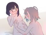  2girls bandaid bandaid_on_face blush completely_nude do_it_yourself!! highres looking_at_another multiple_girls nipples nude poun risai suride_miku tongue tongue_out white_background yua_serufu yuri 