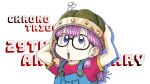  1girl anniversary artist_request blue_eyes chrono_trigger copyright_name cosplay dr._slump glasses hat helmet highres long_hair lucca_ashtear lucca_ashtear_(cosplay) norimaki_arale open_mouth overalls purple_hair simple_background solo white_background 