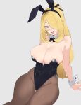  1girl animal_ears areola_slip arm_support black_leotard blonde_hair breasts cynthia_(pokemon) fake_animal_ears grey_background hair_over_one_eye highres large_breasts leotard long_hair looking_at_viewer one_eye_covered pantyhose playboy_bunny pokemon pokemon_dppt ponytail rabbit_ears simple_background sitting smile solo strapless strapless_leotard wigglytuff_(pokeacc) wrist_cuffs 