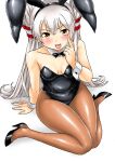  1girl :p ;p amatsukaze_(kancolle) animal_ears bare_shoulders black_leotard blush bow bowtie breasts brown_eyes brown_pantyhose detached_collar fake_animal_ears grey_hair hair_tubes kantai_collection kudou_(ooabareteng) leotard long_hair looking_at_viewer one_eye_closed pantyhose playboy_bunny rabbit_ears sitting small_breasts solo strapless strapless_leotard tongue tongue_out two_side_up wrist_cuffs 