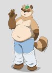 absurd_res anthro bluechubbywolf bottomwear canid canine clothing hi_res ian_(soft_fantasies) leaf male mammal moobs navel obese obese_anthro obese_male overweight overweight_anthro overweight_male pants raccoon_dog solo standing tanuki