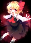  ascot blonde_hair blush bow darkness fang hair_bow hair_ornament long_sleeves open_mouth outstretched_arms paragasu_(parags112) red_eyes rumia shirt short_hair skirt skirt_set smile socks solo touhou vest white_legwear 