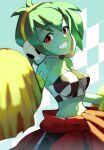  1girl bare_shoulders breasts checkered_clothes colored_skin crop_top green_hair green_skin hairband headset highres jaibus looking_at_viewer navel pom_pom_(cheerleading) red_eyes rottytops shantae_(series) short_hair solo teeth yellow_hairband 