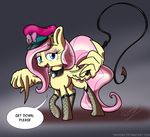  collar cutie_mark davionx dialog english_text equine eyelashes female feral fishnet fluttershy_(mlp) friendship_is_magic fur hair hat holding legwear looking_at_viewer mammal my_little_pony open_mouth pegasus pink_hair solo stockings text whip wings yellow_fur 