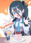  &lt;key&gt;_(robot)_(blue_archive) 1girl :d absurdres aris_(blue_archive) black_hair blue_archive blue_eyes blue_necktie blush cake candle collared_shirt commentary_request english_text food hair_between_eyes happy_birthday highres long_hair long_sleeves necktie open_mouth orange_background robot shirt smile sutora_binsuke teeth upper_teeth_only white_shirt 