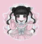  1girl :3 black_hair blunt_bangs bow bowtie closed_mouth double_bun dress frilled_dress frills hair_bun hands_up highres long_hair long_sleeves looking_at_viewer original pinching_sleeves pink_background pink_dress pink_ribbon ribbon sample_watermark shiona_(siona0625) smile solo straight-on twintails upper_body watermark 