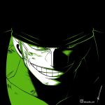  1boy aboude_art artist_name bandana black_bandana clenched_teeth highres injury instagram_logo instagram_username looking_at_viewer male_focus one_eye_closed one_piece roronoa_zoro scar scar_across_eye scar_on_face short_hair signature smile solo teeth 