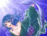  bare_shoulders blue_hair breasts bubble cleavage collarbone commentary_request dutch_angle head_fins japanese_clothes kimono large_breasts light_rays long_hair looking_at_viewer mayoln mermaid monster_girl obi off_shoulder open_mouth purple_eyes sash smile solo sunbeam sunlight touhou underwater wakasagihime 