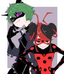  1boy 1girl adrien_agreste animal_ears bell black_bodysuit black_hair black_mask bodysuit cat_boy cat_ears claw_noir closed_mouth double_bun green_hair hair_bun marinette_dupain-cheng miracharink0 miraculous_ladybug purple_background purple_eyes red_bodysuit red_mask shadybug simple_background slit_pupils smile superhero_costume 