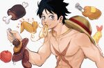  1boy abs apple black_eyes black_hair boned_meat chicken_(food) chicken_leg chicken_wing collarbone cross_scar dated eating food fork fruit hat hat_on_back highres holding holding_food holding_fork male_focus meat meatball monkey_d._luffy noodles nude one_piece pectorals sauce sausage scar scar_on_cheek scar_on_chest scar_on_face short_hair shrimp signature simple_background solo steak straw_hat toned toned_male upper_body vamos_mk white_background 