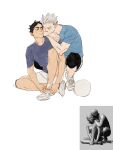  2boys akaashi_keiji ball black_eyes black_hair blue_shirt bokuto_koutarou brown_eyes chengongzi123 english_commentary full_body grey_hair haikyuu!! highres knee_pads knee_up leaning_on_person looking_at_another male_focus multiple_boys open_mouth reference_inset shirt shoes short_hair short_sleeves simple_background sitting sneakers squatting t-shirt thick_eyebrows tying_footwear very_short_hair white_background white_footwear 