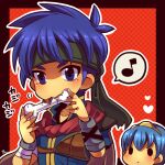  ! 2boys blue_eyes blue_hair blue_shirt blush_stickers bone boned_meat cape chibi collarbone eating fang fire_emblem fire_emblem:_path_of_radiance food green_headband headband heart ike_(fire_emblem) kotorai male_focus marth_(fire_emblem) meat multiple_boys no_nose outline red_cape shaded_face shirt short_hair solid_oval_eyes spoken_exclamation_mark translation_request white_outline 