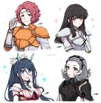  1boy 3girls armor astrid_(fire_emblem) black_armor black_hair black_hairband breastplate fire_emblem fire_emblem:_path_of_radiance fire_emblem:_radiant_dawn fire_emblem_fates grey_eyes grey_hair grey_headband hair_slicked_back hairband headband highres makalov_(fire_emblem) misato_hao multiple_girls orange_armor oribe_tsubasa pauldrons pink_hair shoulder_armor sophie_(fire_emblem) 