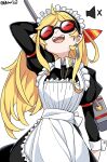  1girl alternate_costume apron bidortw black_dress blonde_hair closed_eyes commentary dress earrings frilled_apron frills hammer highres holding holding_hammer hololive hololive_indonesia jewelry juliet_sleeves kaela_kovalskia long_sleeves maid_apron maid_headdress open_mouth puffy_sleeves red-tinted_eyewear safety_glasses smile solo tinted_eyewear twitter_username upper_body virtual_youtuber 