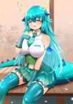  1girl animal_ears aqua_eyes aqua_hair bare_shoulders blue_dragon_(kemono_friends) blush breasts dragon_ears dragon_girl dragon_horns dragon_tail extra_ears fingerless_gloves gloves hawawam31677 highres horns huge_breasts kemono_friends kemono_friends_3 long_hair looking_at_viewer multicolored_hair necktie shirt skirt sleeveless solo tail thighhighs yellow_horns 