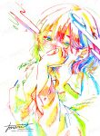  1girl artist_name blush collared_shirt colorful commentary_request covered_mouth hands_up highres long_sleeves looking_at_viewer medium_hair original own_hands_clasped own_hands_together shirt signature solo tears traditional_media upper_body watanabe_tomari watermark white_background 