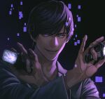  1boy black_background black_hair close-up dan_kuroto glitch glowing glowing_eyes henshin_pose highres kamen_rider kamen_rider_ex-aid_(series) purple_eyes sasakura34 short_hair simple_background smirk solo 