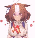  1girl ahoge animal_ears breasts brown_hair collared_shirt ear_ribbon ears_down flower gloves hair_between_eyes hairband highres hisashi_(g6bfb) horse_ears horse_girl large_breasts long_sleeves looking_at_viewer meisho_doto_(umamusume) multicolored_hair own_hands_together pink_hairband purple_eyes red_flower shirt short_hair solo two-tone_hair umamusume white_background white_gloves white_hair white_shirt 