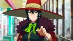  1girl 4girls animated animated_gif bang explosion finger_gun fire green_eyes hat indoors kagari_ayaka looking_at_viewer multiple_girls solo standing witch_craft_works witch_hat 