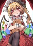  1girl blonde_hair cowboy_shot crystal_wings dress flandre_scarlet hat highres hugging_object indoors kiui_(dagk8254) medium_hair mob_cap open_mouth red_dress red_eyes red_ribbon ribbon side_ponytail solo stuffed_animal stuffed_toy tears teddy_bear touhou 