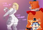 absurd_res animatronic anthro anus_outline artidemonboy ass_clapping bear big_breasts big_butt blonde_hair blue_eyes bodily_fluids breasts butt buttplug buttplug_tail clothing costume cotton_tail dialogue duo ear_piercing ear_ring facial_markings fake_tail fangs female five_nights_at_freddy&#039;s five_nights_at_freddy&#039;s:_security_breach freckles fur fursuit glamrock_freddy grey_body grey_fur hair hat head_markings headgear headwear heart_symbol hi_res holding_buttplug holding_object holding_sex_toy human lagomorph leporid looking_back machine male mammal markings orange_body piercing plug_(sex_toy) purple_background purple_eyes rabbit rear_view ring_piercing robot scottgames seam_(sewing) sex_toy shoulder_pads simple_background smile steel_wool_studios stitch_(sewing) studded_bracelet sweat sweatdrop tan_body tan_skin teeth text thick_thighs top_hat vanessa_(fnaf) vanny_(fnaf) wide_hips