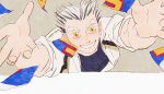  1boy arms_up blue_shirt bokuto_koutarou chengongzi123 chinese_commentary collared_jacket commentary_request confetti from_above grey_hair grin haikyuu!! highres jacket looking_at_viewer male_focus multicolored_hair reaching reaching_towards_viewer shirt short_hair slit_pupils smile streaked_hair thick_eyebrows upper_body very_short_hair white_jacket yellow_eyes 