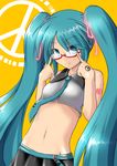  adjusting_eyewear basa_rutan bespectacled crop_top glasses green_eyes green_hair hair_ornament hair_ribbon hand_on_eyewear hatsune_miku long_hair looking_at_viewer midriff navel ribbon semi-rimless_eyewear smile solo twintails under-rim_eyewear vocaloid 