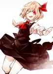  banned_artist black_legwear blonde_hair bow hair_bow hair_ornament kneehighs kozou_(soumuden) long_sleeves looking_at_viewer one_eye_closed open_mouth outstretched_arms red_eyes rumia shirt short_hair simple_background skirt skirt_set smile solo touhou vest white_background 