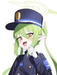  1girl armband black_hat black_jacket blue_archive blue_armband blush buttons character_request daeyu_k earrings fang gloves green_hair green_halo halo hand_on_own_face hand_up hat highres jacket jewelry long_hair looking_at_viewer open_mouth peaked_cap pointy_ears raised_eyebrows shoulder_strap sidelocks skin_fang solo twintails upper_body white_gloves yellow_eyes 