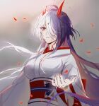  1girl acheron_(honkai:_star_rail) body_markings dangeroussbd falling_petals gradient_hair hair_over_one_eye hand_up highres honkai:_star_rail honkai_(series) horns japanese_clothes long_hair multicolored_hair petals purple_hair red_horns red_sash sash solo white_hair 