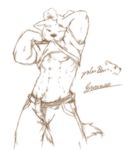  anthro canine clothing kemono male mammal monochrome muscles navel one_eye_closed pants sketch solo stevenlew text undressing wink 