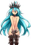  androgynous black_rock_shooter blue_hair chariot_(black_rock_shooter) chariot_(black_rock_shooter)_(cosplay) claws cosplay covering covering_crotch crown future_card_buddyfight long_hair male_focus mechanical_legs nude red_eyes ryuuenji_tasuku simple_background solo thighhighs tobi_(one) very_long_hair white_background wide_hips 