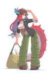  1girl alternate_costume bag baggy_pants blue_eyes breasts cargo_pants dragon_girl dragon_horns dragon_tail duel_monster full_body hat holding holding_bag horns horns_through_headwear jacket kitchen_dragonmaid large_breasts long_hair long_sleeves open_clothes open_jacket open_mouth pants red_hair shibumi solo tail yu-gi-oh! 